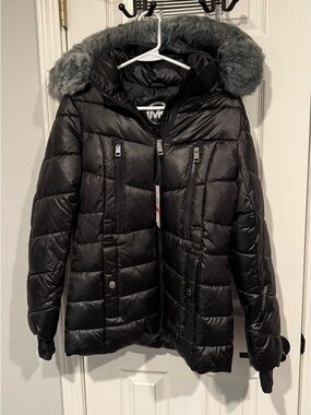 Michael Kors Black Quilted Puffer Jacket with Faux Fur Trim